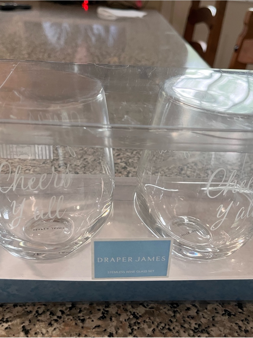 Draper James Clear Stemless Wine Glasses with 'Cheers Y'all' Etching